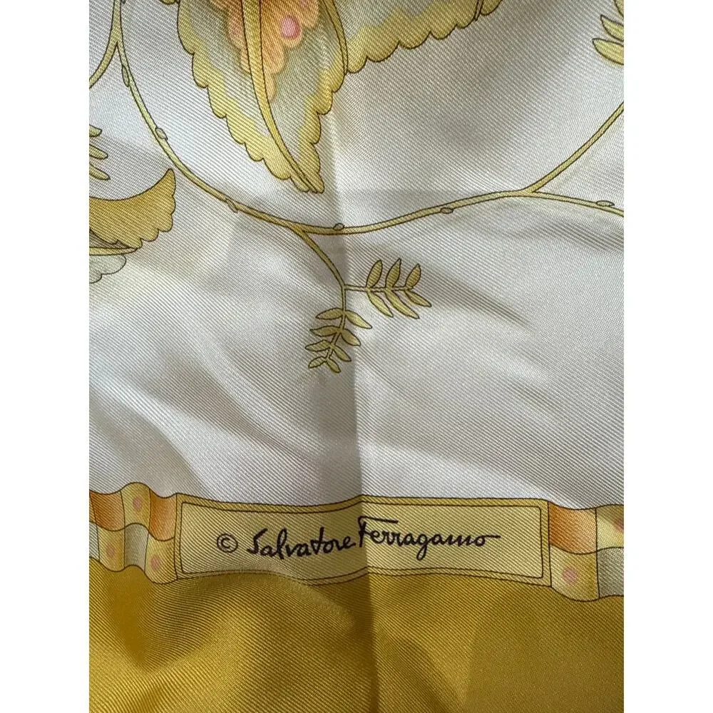 Salvatore Ferragamo Silk Scarf Floral Print Gold Border 34” Square Vintage Italy